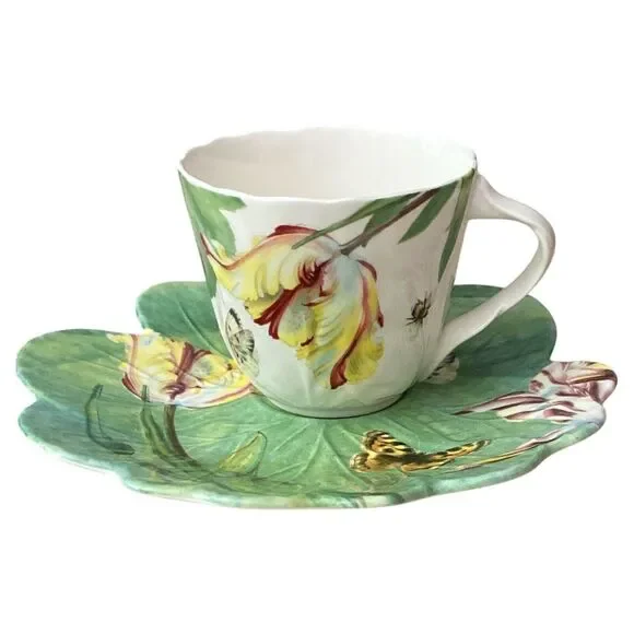 Spode Floral Haven Cup & Saucer Set Scalloped Butterfly Bee England Vintage - Picture 1 of 7